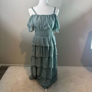 Aqua Tiered Elegant Off-Shoulder Smocked Dress Size M